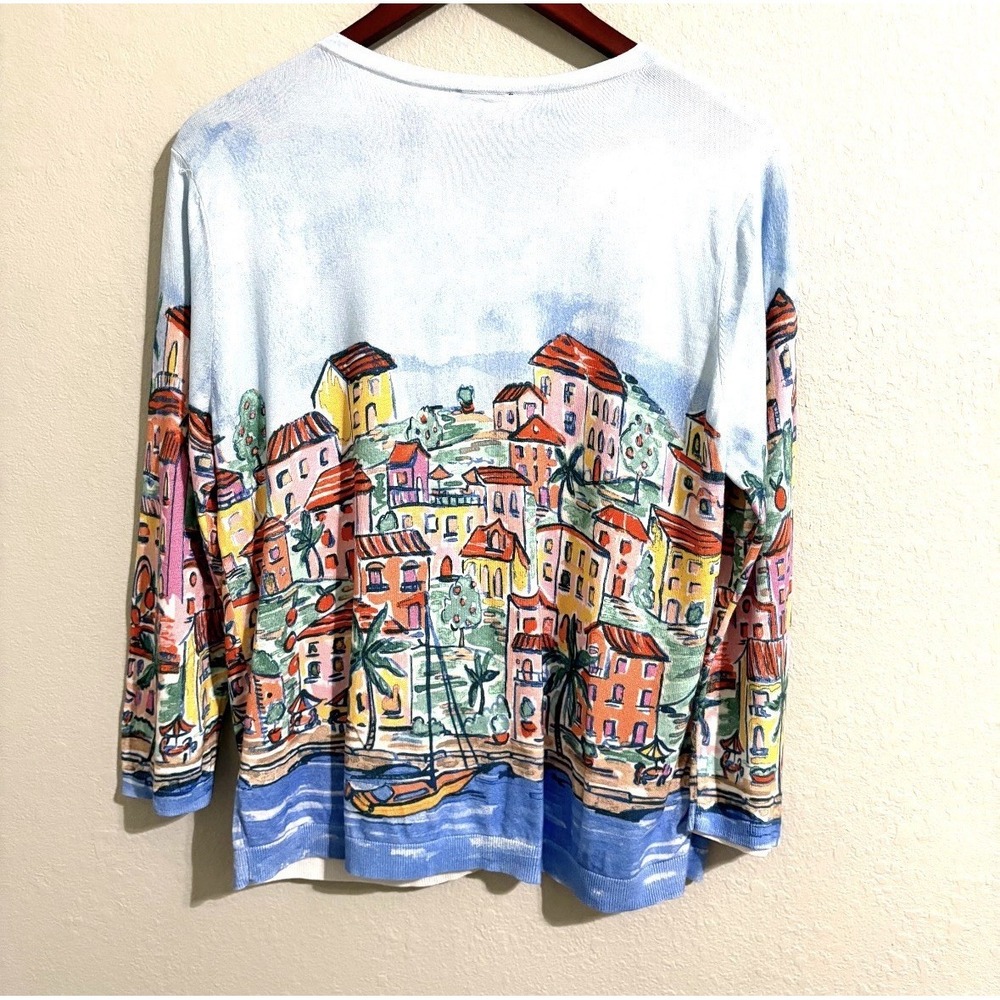 Talbots XL Cardigan Sweater Mediterranean Village Print Measures Like L - Picture 6 of 12